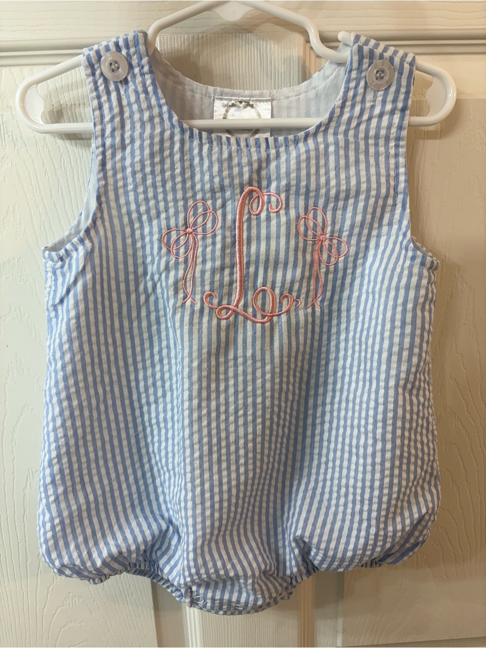 L Monogrammed Blue White Striped Seersucker Bubble Pink 2T Blanks Boutique